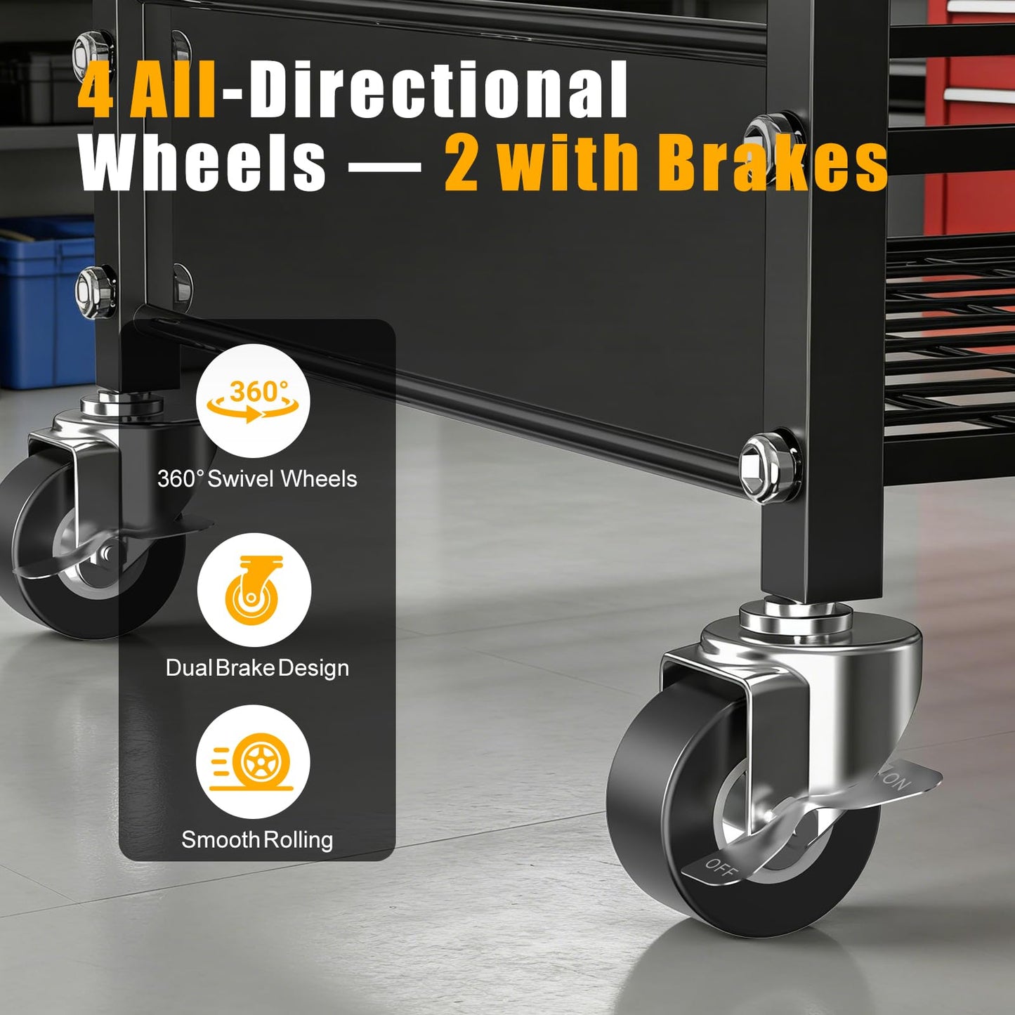 Heavy-Duty 3-Tier Metal Utility Cart with Locking Casters – 330 LBS Load Capacity Rolling Storage Organizer, Quiet Wheels, Free Plastic Bins & Hooks for Home, Garage, Workshop, Hotel, Kitchen