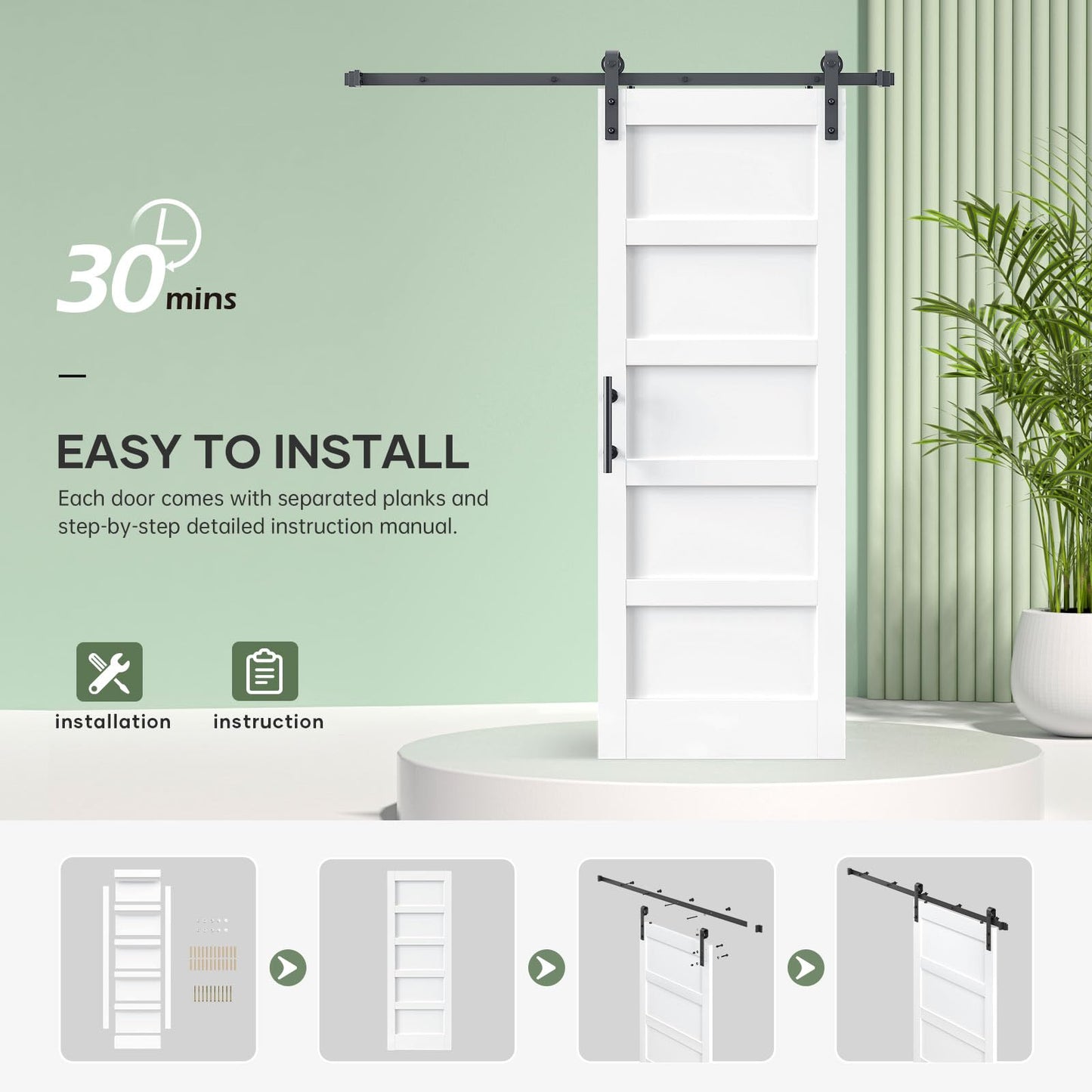 ROYMELO 32x96 Inch White Sliding Barn Door Slab with 5.5ft Hardware Kit Included, 5-Panel, MDF Wood Panel Covered with Water-Proof Scratch-Proof PVC Surface, Simple DIY Assembly
