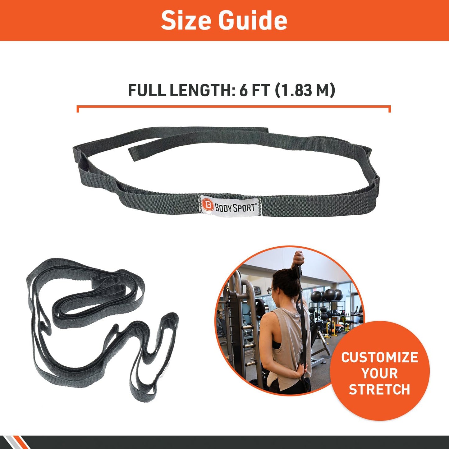 Body Sport Static Stretch Strap, 6 ft. Long - Durable Woven Tool for Home Fitness & Gym with Loops for Yoga, Stretching, Physical Therapy & Rehab
