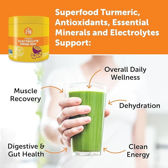 ZYN Electrolyte Hydration Drink Mix (30 Servings), Passionfruit Lemonade Electrolytes Powder, Hydrating Formula w/Turmeric Curcumin, Vitamin C & D, Zinc, Electrolyte Support Drink Mix