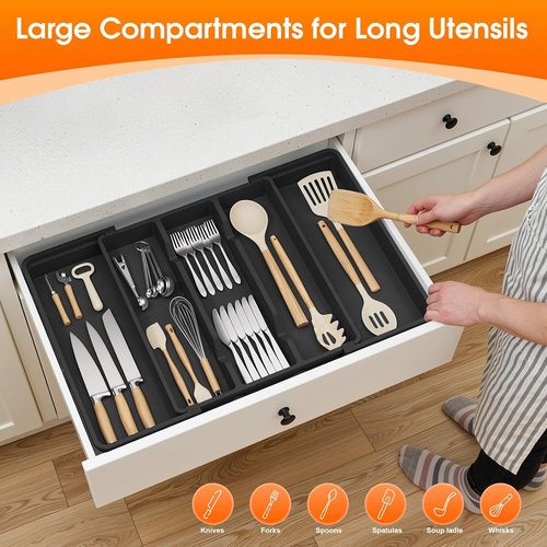 Large Silverware Organizer - Expandable Utensil Drawer Tray | BPA-Free Cutlery Holder in Black