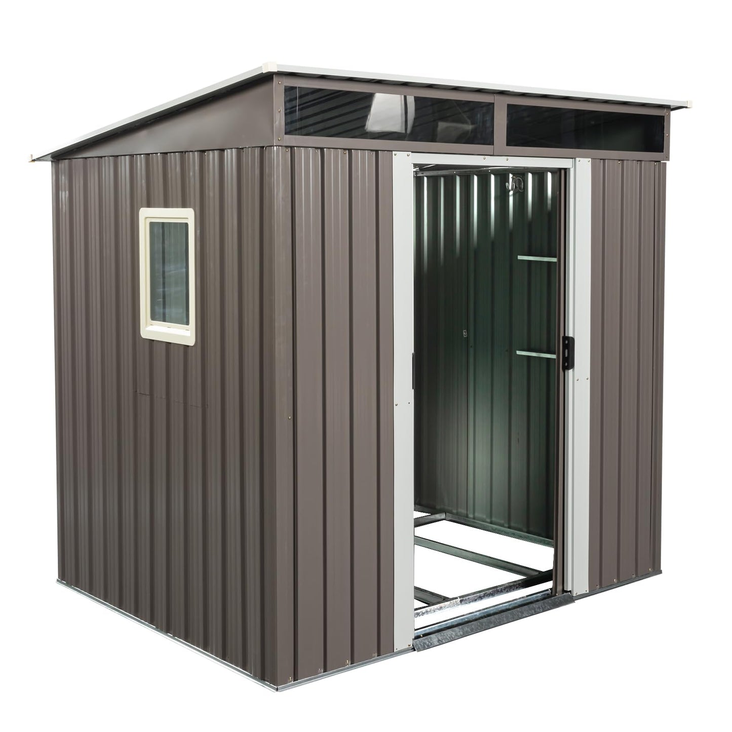 6FT x 5FT Outdoor Storage Shed, Heavy Duty Galvanized Steel Garden Shed with Sloped Roof, Sliding Lockable Doors, Punched Vents & Foundation Kit, Weather Resistant Tool Shed, Grey with Window