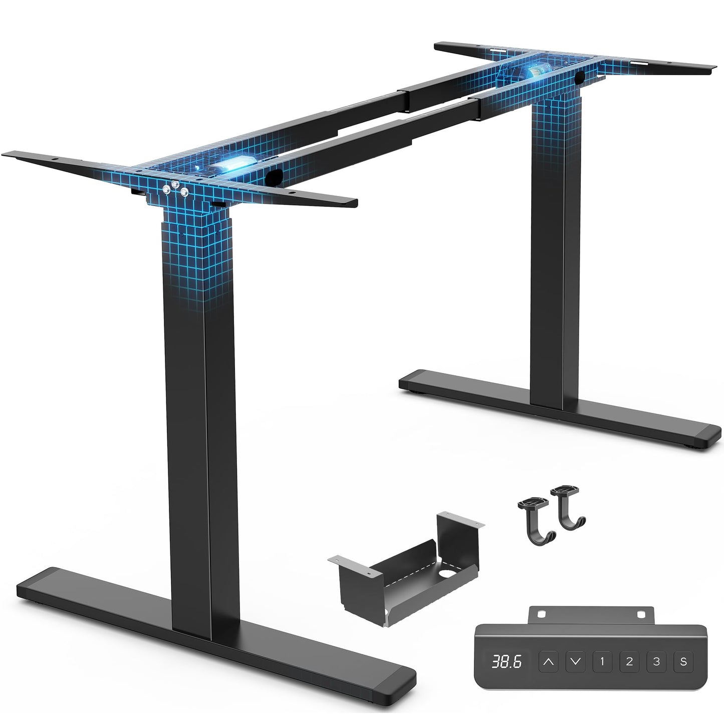 Huuger Dual Motor Electric Standing Desk Frame, Sit Stand up Desk Leg for 47.2” to 86.6” Desktop, Computer Desk Leg with Cable Tray, 3 Memory Height Presets, 2 Hooks, Black Frame Only