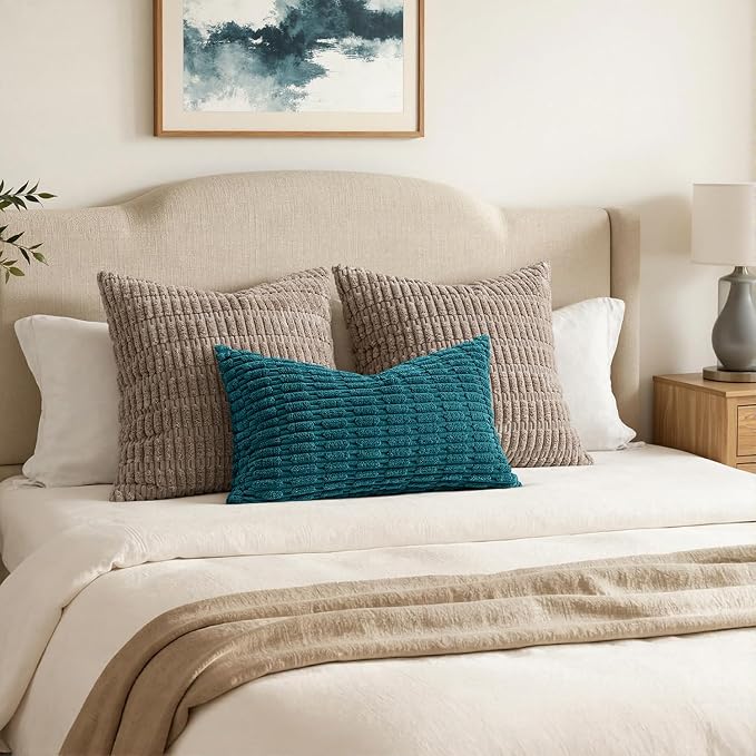 MIULEE Pack of 2 Corduroy Decorative Lumbar Throw Pillow Covers 20x12 Inch Soft Boho Striped Pillow Covers Modern Farmhouse Home Decor for Summer Coastal Sofa Living Room Couch Bed Teal