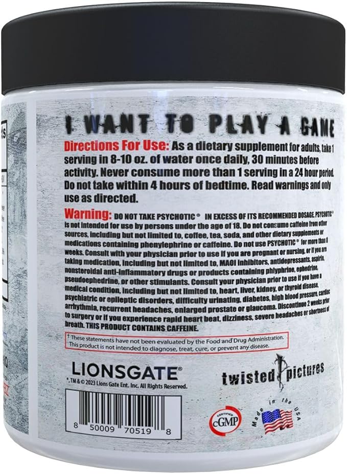 Insane Labz Psychotic SAW®, High Stim Pre Workout Powder with OxyGold­??and AMPiberry®, Extreme Lasting Energy with Teacrine®, Focus with CognitIQ® and Endurance with Beta Alanine,30 Srvgs,Fruit Punch