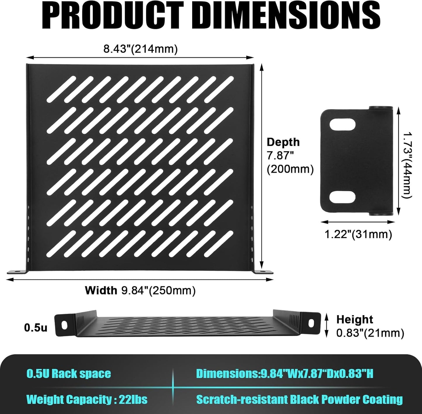 ElaraBerry 1 Pack 0.5u 7.87" 10" Server Rack Shelf Deep Ventilation Rackmount Cantilever Tray Bracket for Network