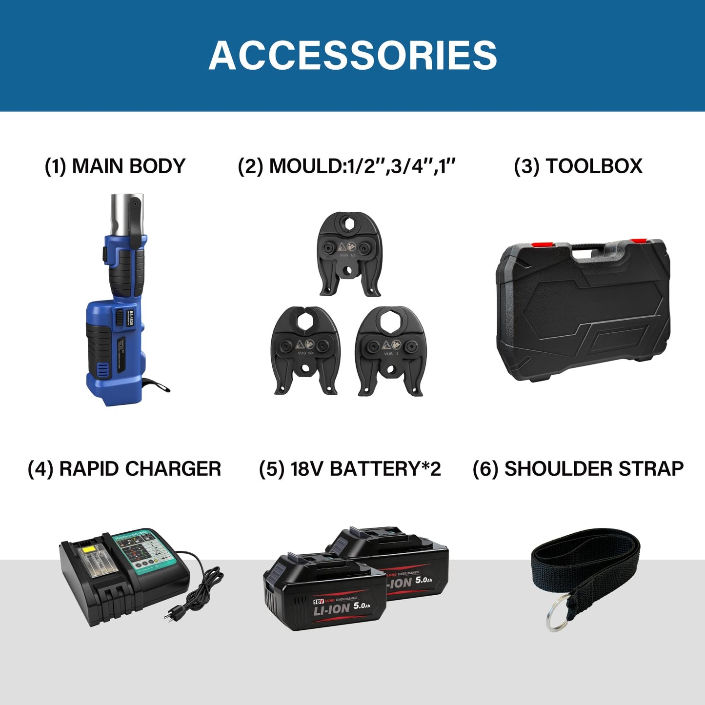 18V Press Tool for Copper Pipe 50kN Battery Powered Electric Hydraulic Pipe Crimping Tools with 1/2", 3/4", 1" Jaw Copper Tube Fittings Crimper Pliers with Brushless Motor