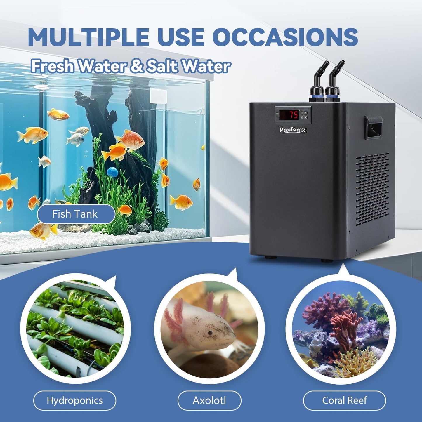 Poafamx 42gal Aquarium Chiller, 1/10 HP Water Chiller with Quiet Compressor for Hydroponics System, Coral Reef Tank, Axolotl & Jellyfish, 160L Freshwater Saltwater Cooling System