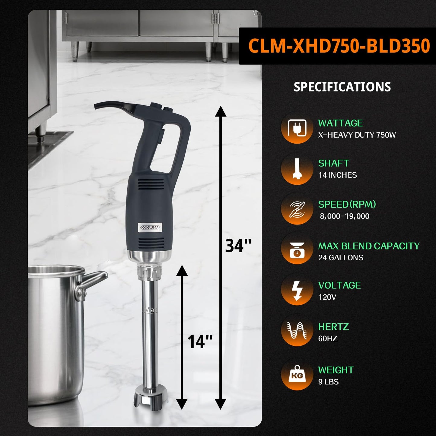 COOLUMA Immersion Blender Commercial, 14 Inch Removable Shaft, Heavy Durt 750 Watt, Variable Speed Motor, Professional Restaurant Grade Hand Mixer, Food-Grade Detachable 304 Blade & Shaft