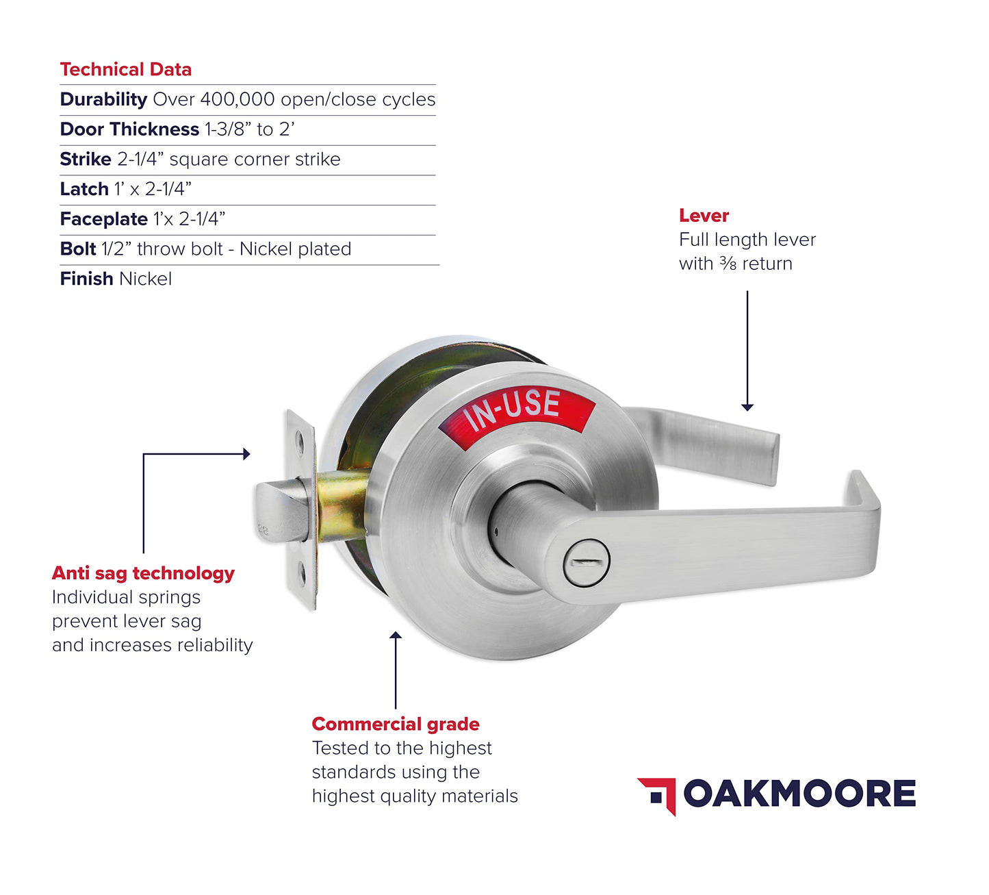 OAKMOORE Commercial Door Handle | Vacant Occupied & Commercial Restroom Lock for Public Bathroom & Industrial Buildings