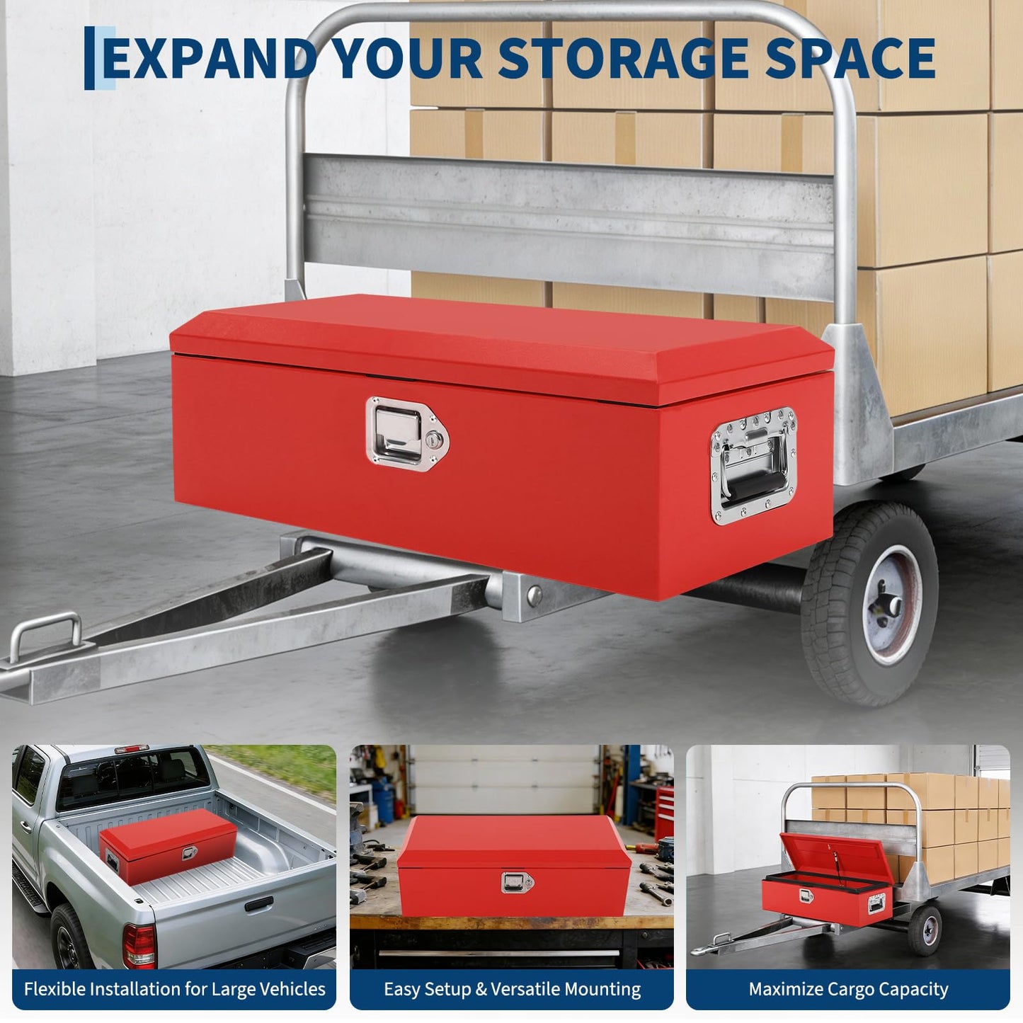 48" Heavy Duty Steel Metal Tool Box for Truck Bed, Lockable Weatherproof Crossbed Storage Box with Gas Strut Lid and Safety Hinge, Heavy Duty Steel Metal Truck Bed Tool Box for Pickup, Trailer, RV