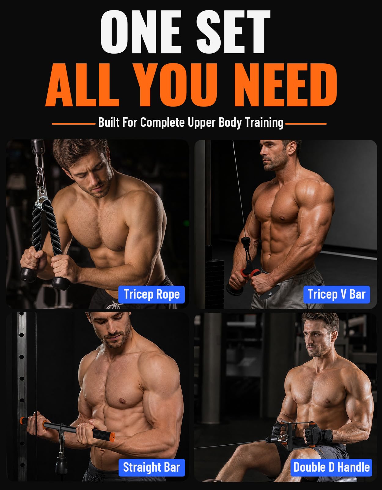 Fitarc Cable Machine Attachment Set for Gym & Home Workouts, Lat Pulldown Attachments with Non-Slip Grips, Orange