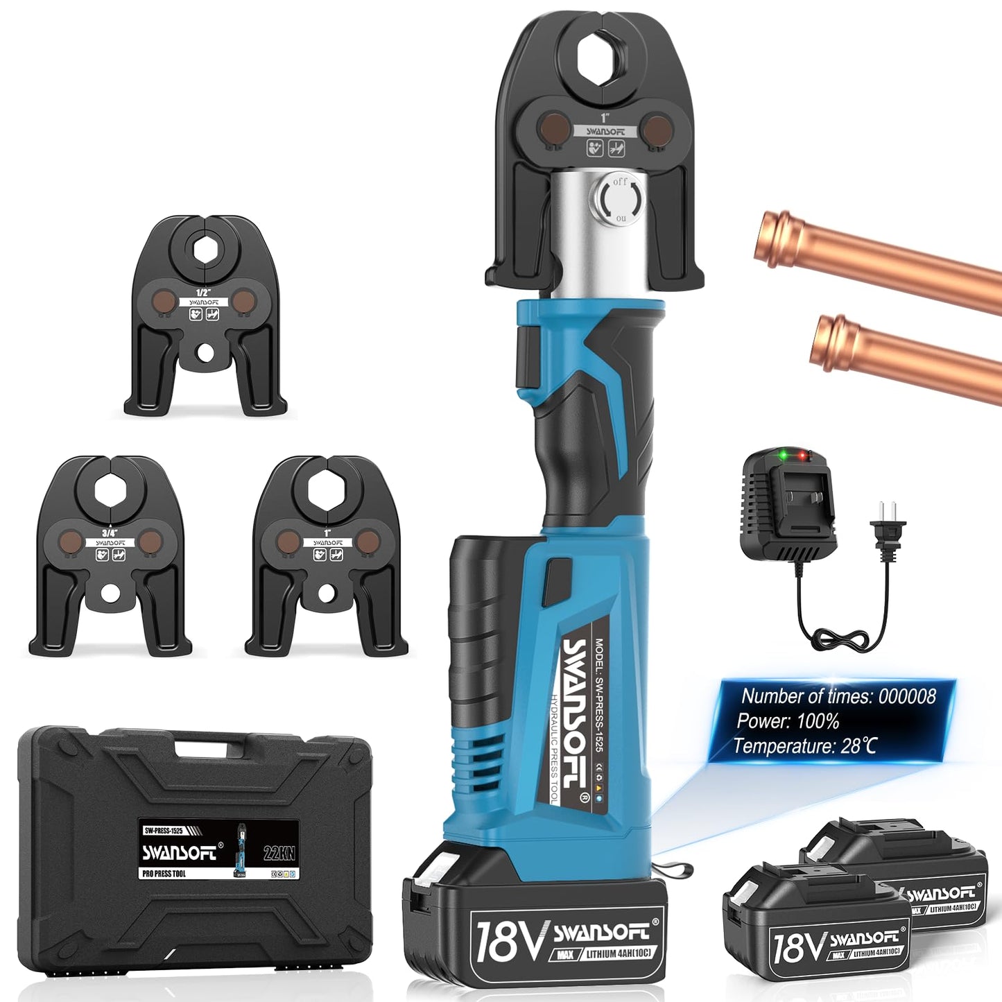 SWANSOFT Pro Press Tool, 18V 4Ah Battery Electric Hydraulic Crimping Tool for Copper Pipes with 3 US Compact VUS 1/2", 3/4'', 1",Jaws Pro Press Copper Plumbing Crimper Tool Kit (SWPR-1525B)