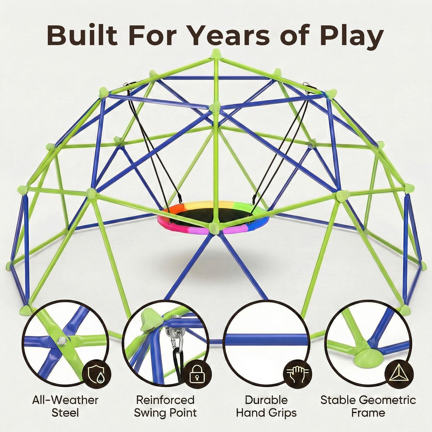 TABU 10FT Climbing Dome with Saucer Swing, Outdoor Dome Climber Supports 1000LBS, Rust-Resistant Jungle Gym Playground for Backyard & Patio, Easy Asssembly, for Ages 3-10