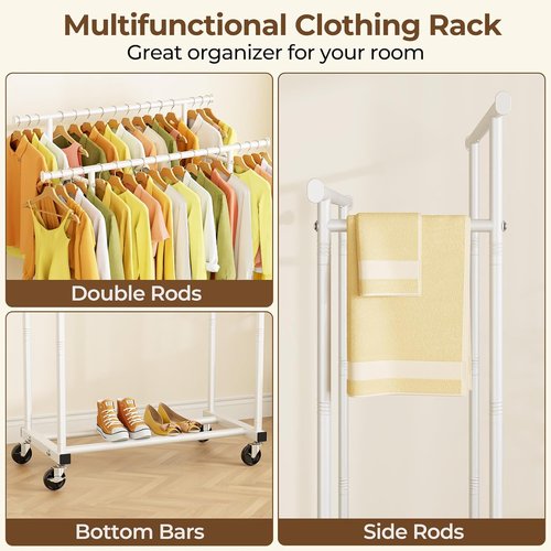 HYSEYY Rolling Clothes Rack - Sturdy Double Rod Portable Wardrobe for Bedroom & Laundry - White