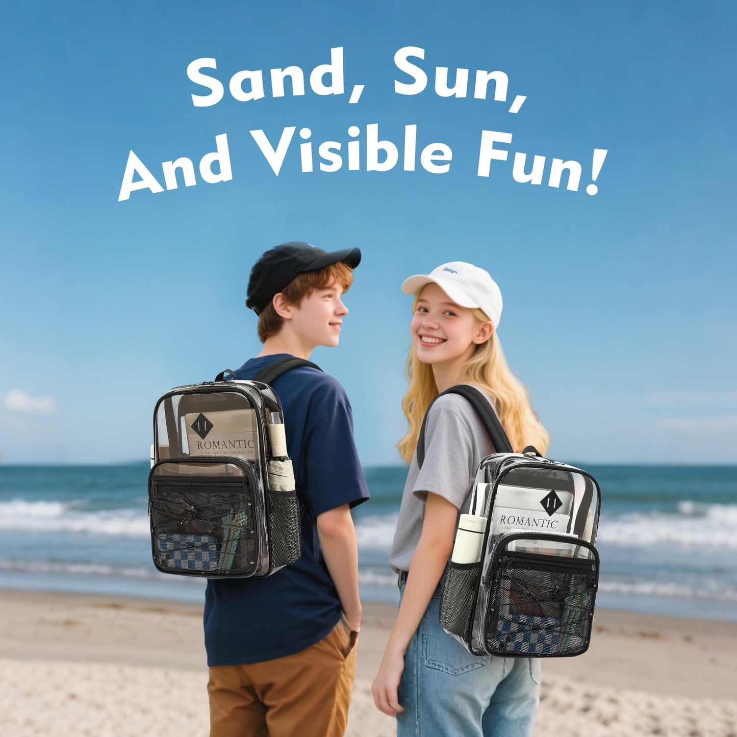 MUSEVOS Clear Backpack Heavy Duty for School, Large PVC See Through Backpacks for Stadium Events, Travel, Clear BookBag for Kids, Boys and Girls, Semi Black