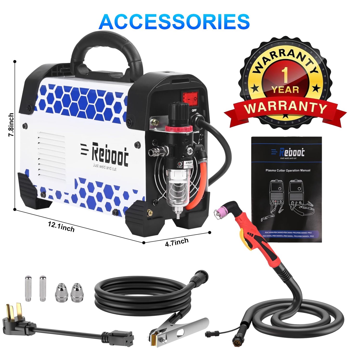 Reboot Pro 60A Plasma Cutter 2025, Pilot Arc Non-Contact Cutting, 120V/240V Dual Voltage,Large Digital Smart Screen with Reboot 250Amp MIG Welder 8-in-1 Dual Aluminum
