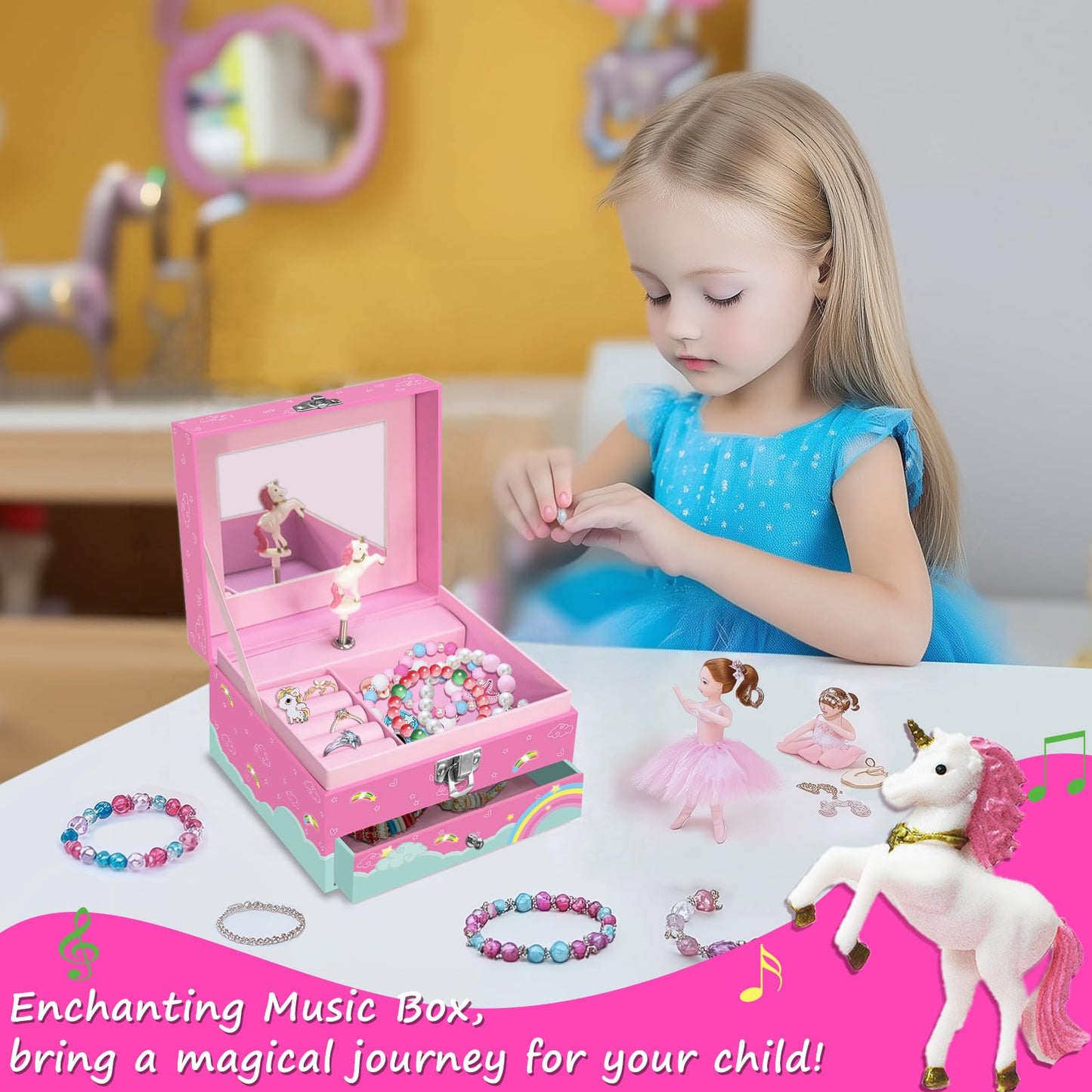 JOEKIKIMD Magical Unicorn Jewelry Box for Girls - Spinning Unicorn with Jewelry Drawer - Kids Music Box 6-12 Birthday Easter Christmas Gift, 5.9 x 5.1 x 3.5 Inches