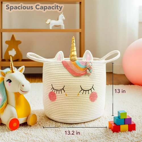 Large Unicorn Woven Basket with Handles - Toy Storage Bin, Baby Gift & Animal Nursery & Cute Laundry Basket, for Clothes, Towels, Toys (Unicorn)