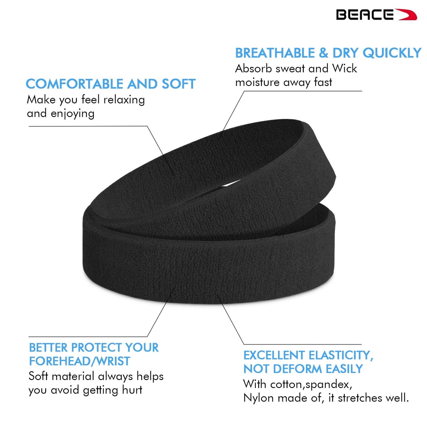 BEACE Sweatbands Sports Headband for Men & Women - 6PCS Moisture Wicking Athletic Cotton Terry Cloth Sweatband for Tennis, Basketball, Running, Gym, Working Out Bl/Wh/Gr/Ma/DP/LT