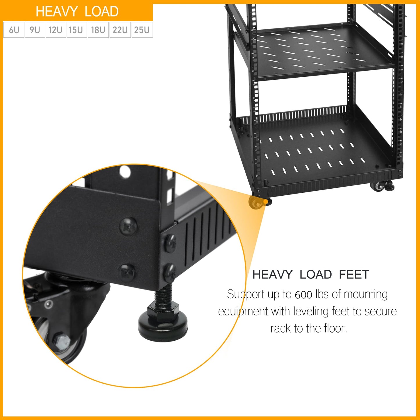 RIVECO 22U Network Rack with Reinforced Top & Bottom Vented Plates - 4 Rolling Wheels Floor Standing for 19" Equipment & Stereo Gear - Including 2PCS Shelves & Rail Mount PDU