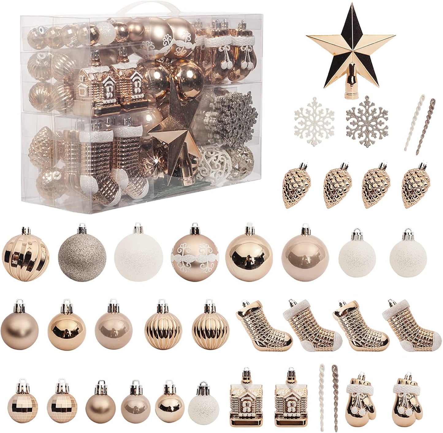 Roseleaf 132-Pc Traditional Christmas Tree Ornament Set - Shatterproof White & Blue Accents