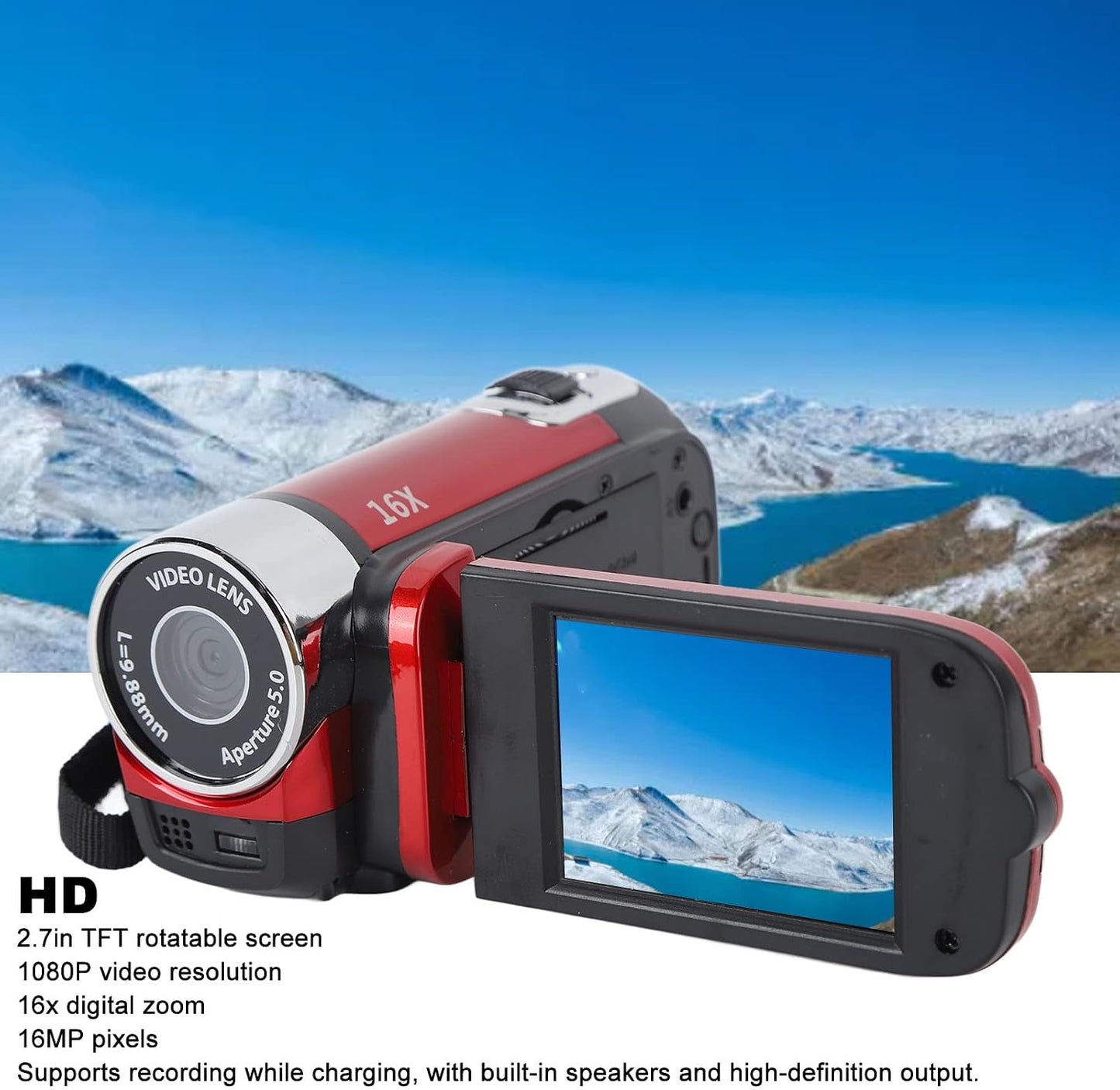 FOSA 1080P 16MP 16x 2.7in HD Camera Camcorder, DV Camera Digital Zoom Video Camera, TFT Rotatable Screen, Built