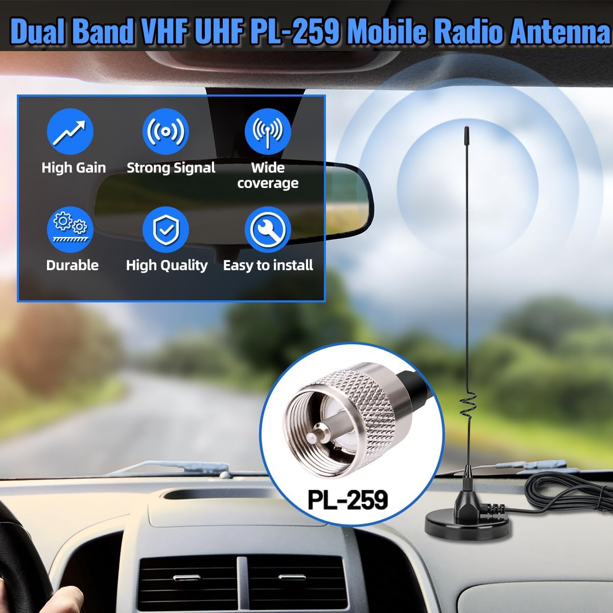 Arridioter 20.87in PL-259 Connector,66mm Mount,16.4ft RG58 Dual Band Mobile Radio Heavy Duty Whip Antenna Kit