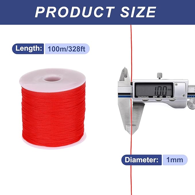 MECCANIXITY 1/16 Inch Polypropylene Rope Braided Ropes, 328ft Nylon Rope Hollow Utility Cord for Clothesline, Camping, Hiking, Outdoor, Red