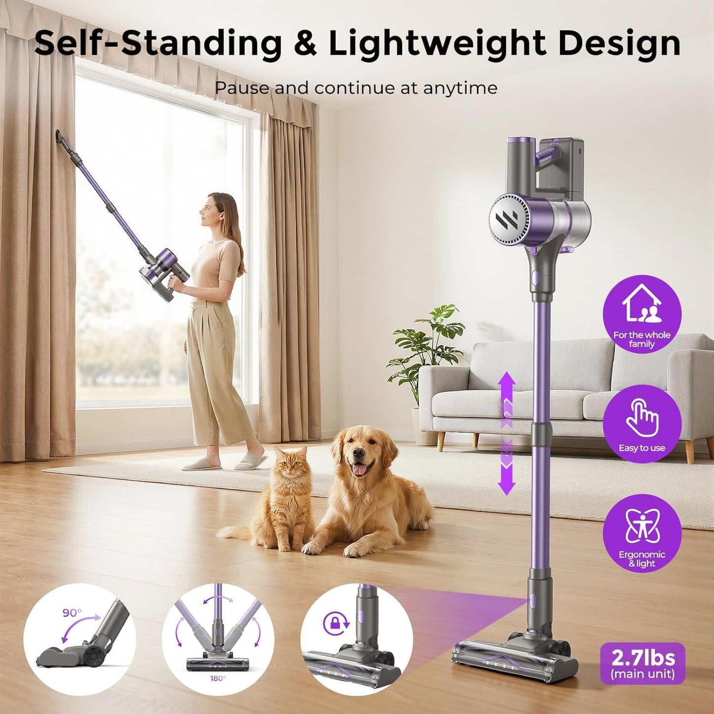 MBTTODF Vacuum Cleaner for Home,Stick Vacuum with Self-Standing and Touch Screen,Hardwood Floor Vacuum for Pet Hair,Tile