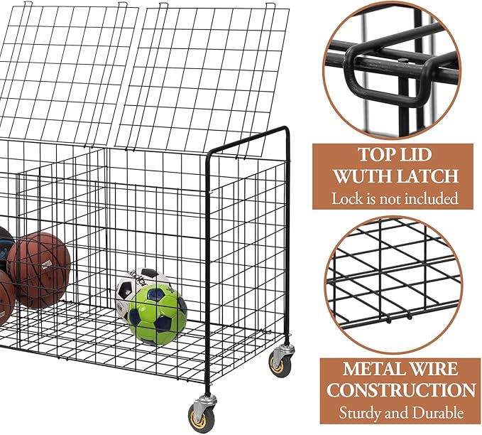 MyGift X-Large Capacity Black Metal Sports Ball and Gym Equipment Storage Rolling Cart with 2 Compartments, Lock Latch and Heavy-Duty Locking Caster Wheels, Garage Ball and Gear Organizer Holder