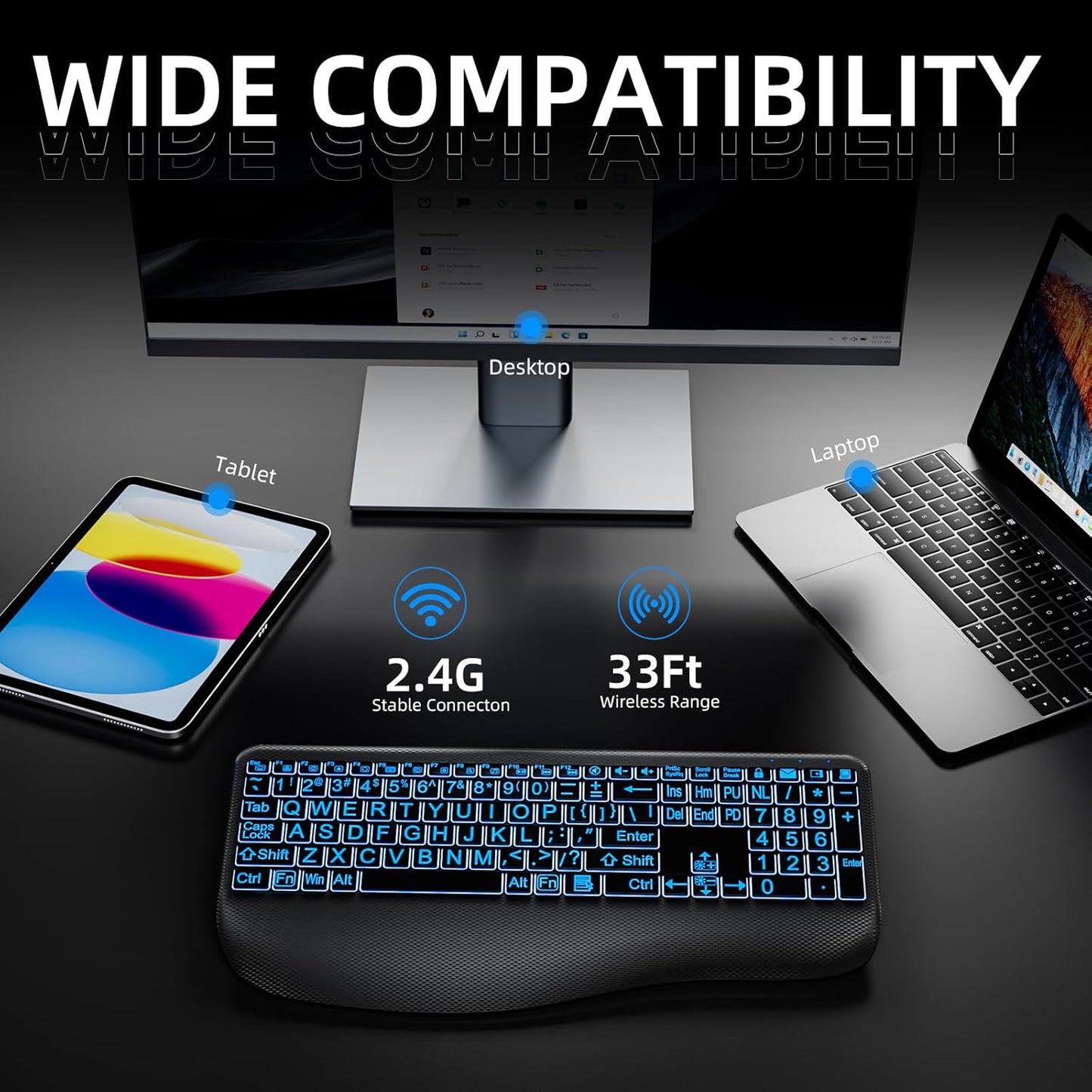 Hamile 7-Color Setting, Large Print Wireless Backlit Keyboard Rechargeable Quiet Low-Profile Keys, Light up with Memory