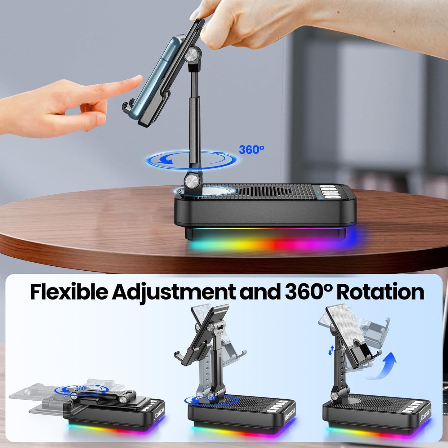 JTEMAN 360 Gifts for Men Women Phone Stand Bluetooth Speaker with Light and Charging Function, Rotating Phone Holder