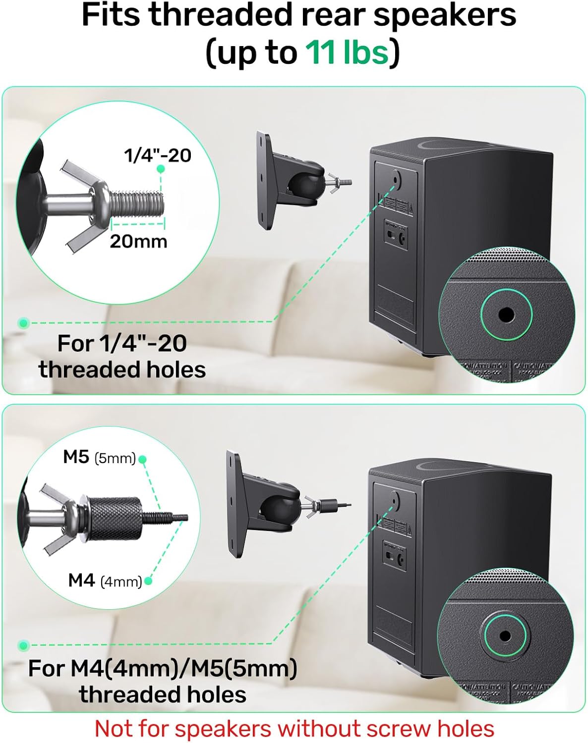 Borenbuir 1/4"- 20, 5mm 4mm q990D, 11 lbs Surround Sound Rear Speaker Wall Mount, Ceiling Mount Bracket for Universal