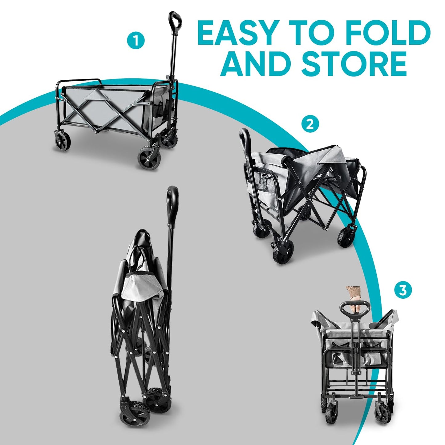 SAILARY Collapsible Wagon with Quiet Wheels - Silent Grocery Shopping Cart for Seniors, Foldable Utility Cart for Laundry & Apartment, Washable Heavy Duty Rolling Wagon with Two Mesh Pockets, Gray