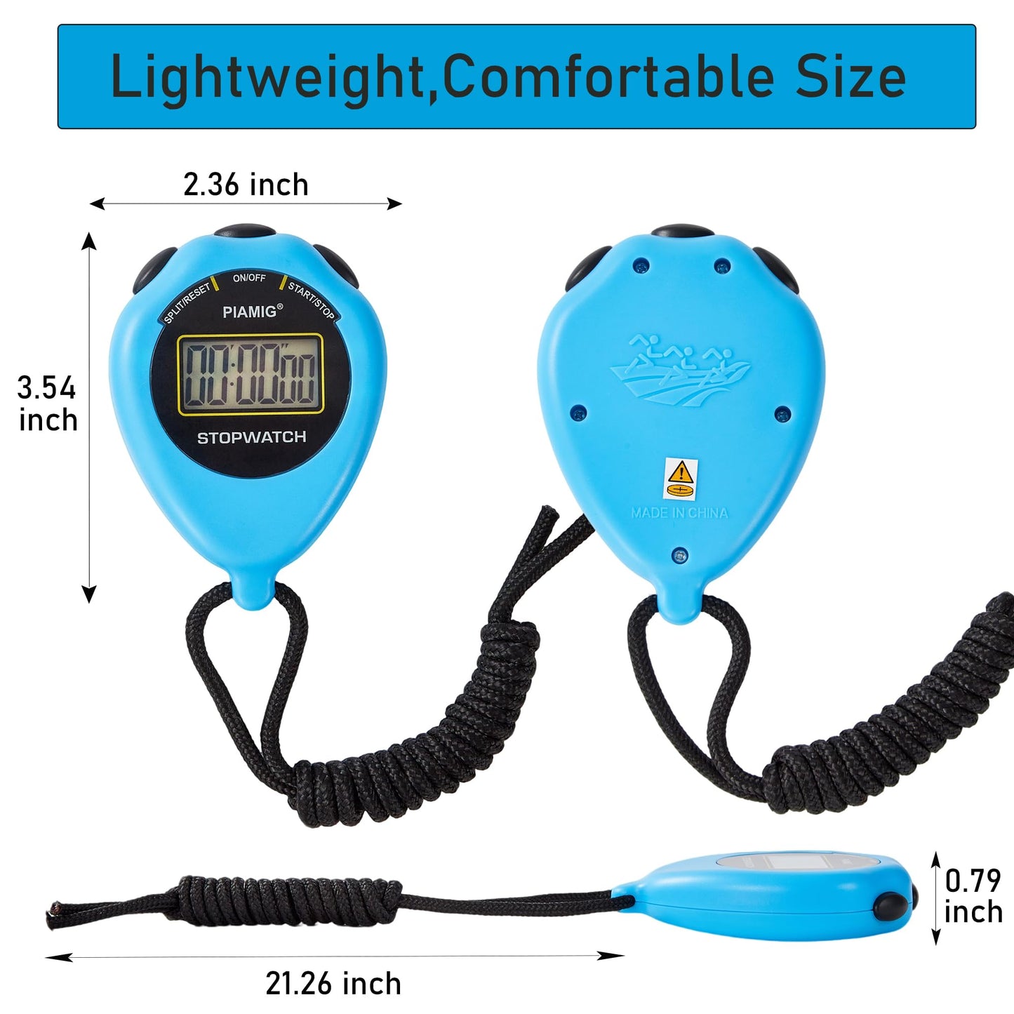 PIAMIG Simple Stopwatch Sport Timer Only Stopwatch Mode, 2 Pack Large Display Digital Stopwatch Timer with On/Off Function, No Alarm Silent Digital Stop Watch for Sports Kids Coaches (Blue)