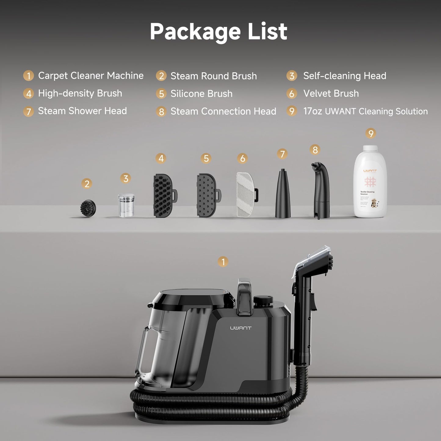 Uwant Carpet Cleaner Machine with Steam&Hot&Cold Water System 18Kpa Powerful Suction Upholstery Cleaner Machine with Textile Cleaner for Pets, Carpet Steam Cleaner with Specialty Tools for Cars
