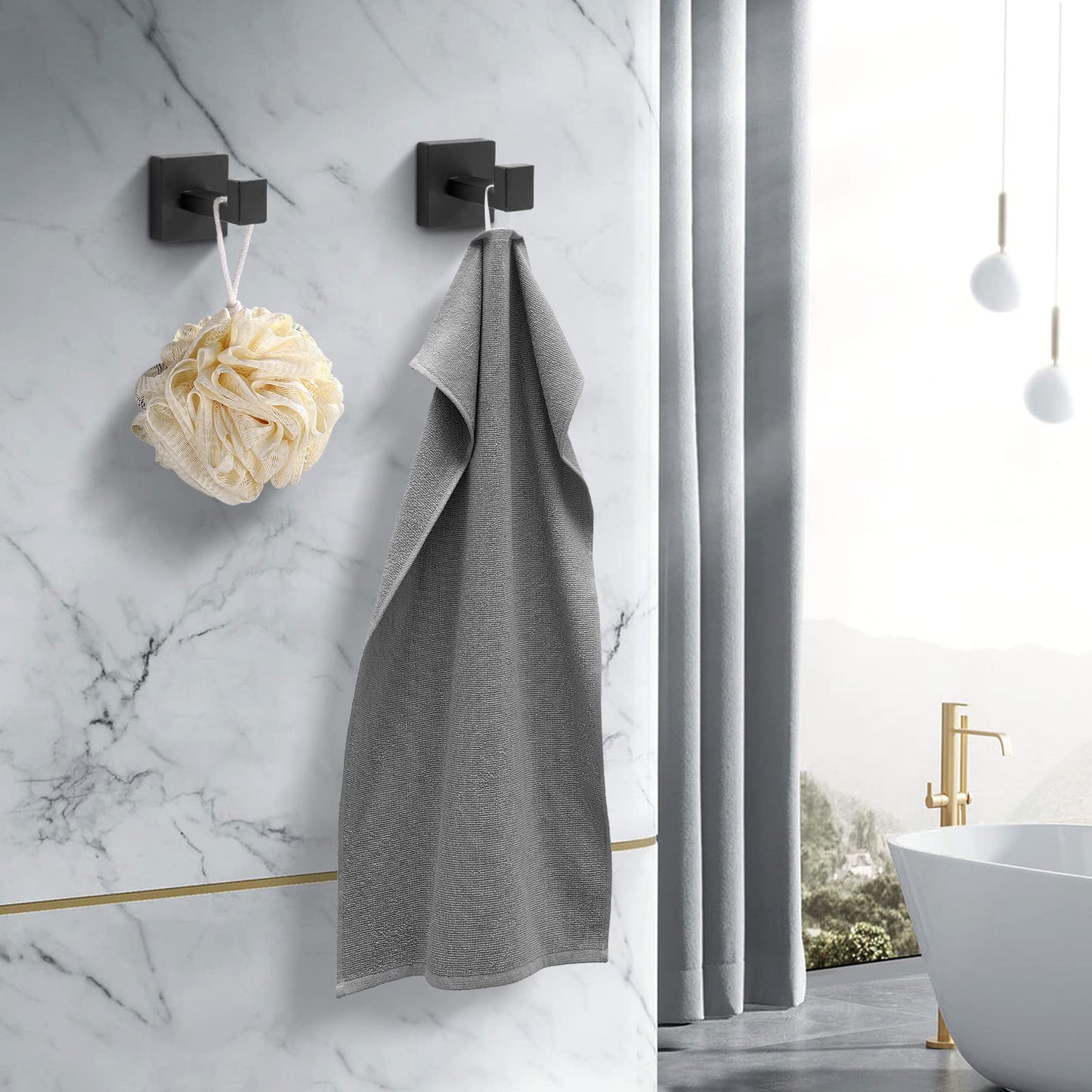 Fenas Heavy Duty Stainless Steel Towel Hooks, Wall Mounted Square Robe Hooks for Bathroom, Kitchen, Bedroom, Hotel Matte Black 2 Pack