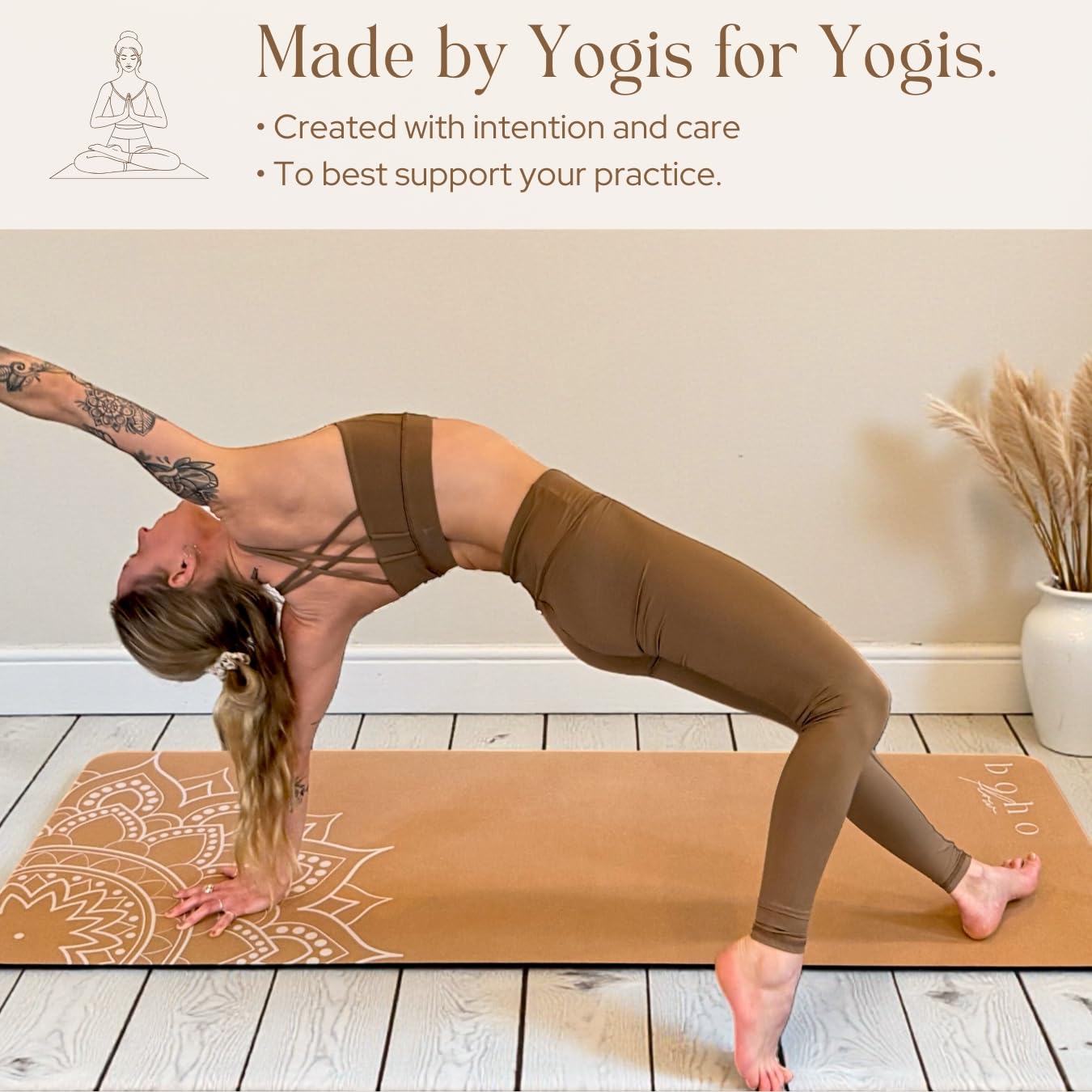 Boho Flow Aesthetic Cork Yoga Mat 72” x 26” – Elegant Signature Mandala Design on Quality Portuguese Cork with 5mm Solid Tree Rubber Base for Lasting Stability – Non Slip Grip, Odor Free and Non Toxic – Includes Carry Strap