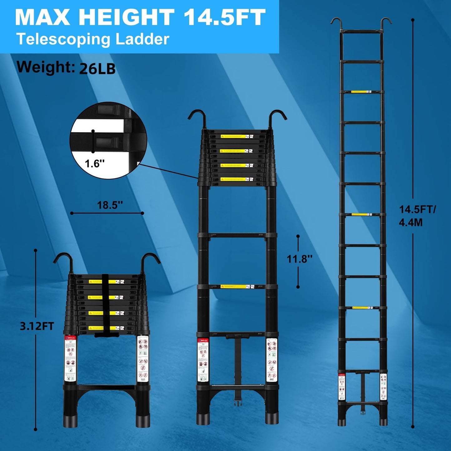 Wolec 14.5 ft Aluminum Telescoping Ladder, 330 lb Load, Hooks, Portable Collapsible Ladder for Home & Work, Black