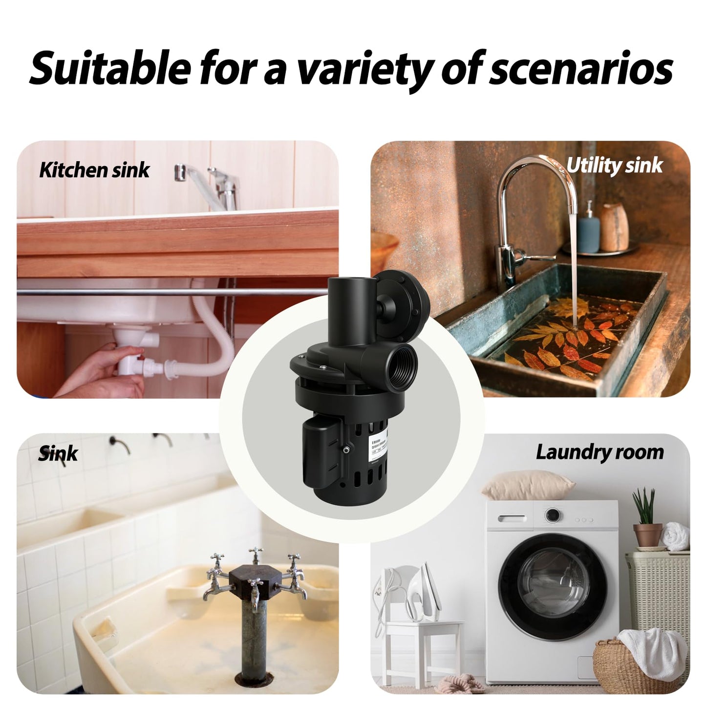 Automatic Utility Sink Pump 1/3 HP Directly Installed Under Sink, Gravity-free Drainage utility pumps for Laundry & Basement, Drain Screen, Check Valve and Ball Valve(115V)