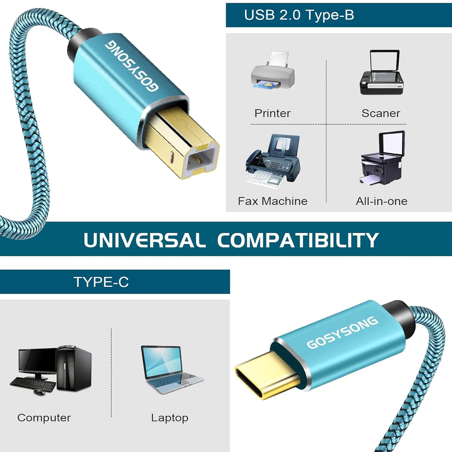 10ft USB C to USB B Printer Cable - High Speed Compatible with Printer, Scanner, Fax Machine, Midi Keyboard