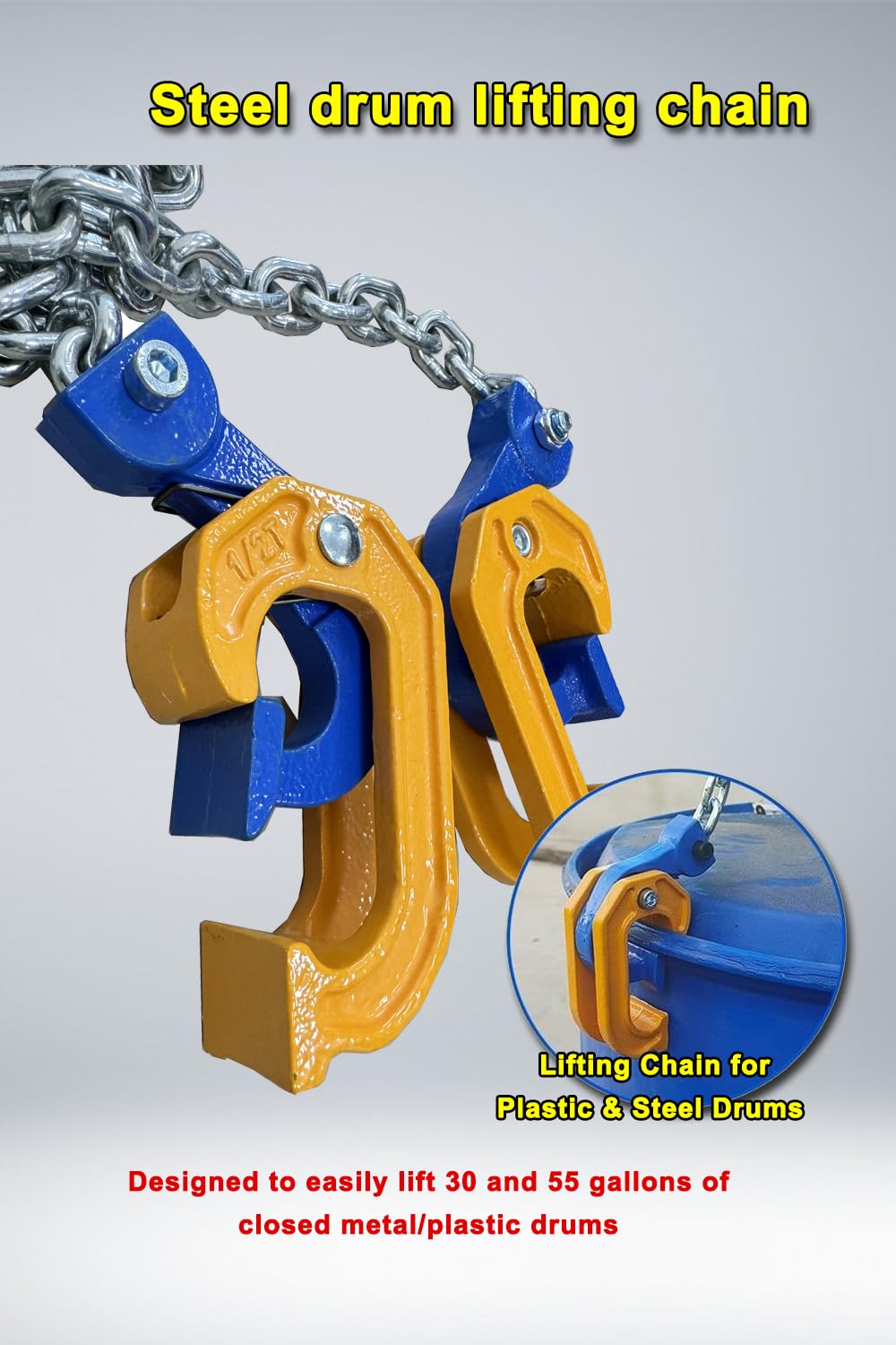 2Ton Barrel Lifting Chain for Plastic & Steel Drums 、4410LBS 20in Length, 4 Hooks Chain Drum Lifter Barrel clamp for 55 Gallon Drum Lifting Device Fits for Crane, Forklift【2T- 4Hooks】