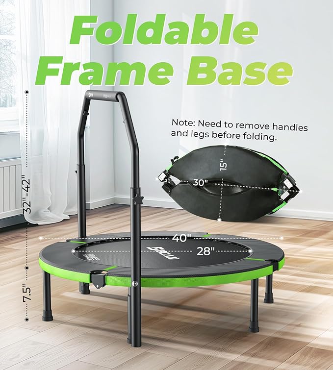 BCAN 40"/48" Foldable Mini Trampoline, Rebounder Trampoline for Adults, U/T Adjustable Foam Handle, Exercise Rebounder for Adults Indoor/Garden Workout, Max Load 330lbs/440lbs