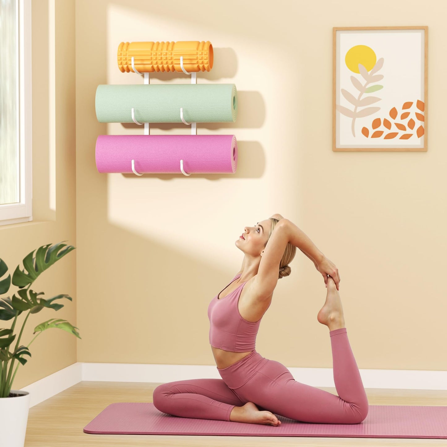 Josmimic Yoga Mat Holder Wall Mount, 3-Tier Storage Rack for Yoga Mat, Foam Roller, Block, Yoga Accessories, Wall Organizer for Home Gym, Gym, Workout Room, Metal, White