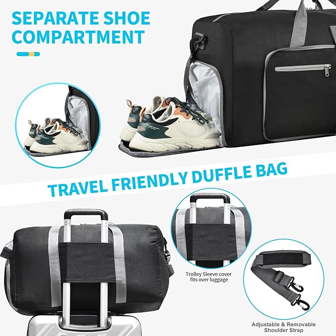 Felipe Varela Duffle Bag with Shoes Compartment and Adjustable Strap,Foldable Travel Duffel Bags for Men Women,Waterproof Duffel Bags