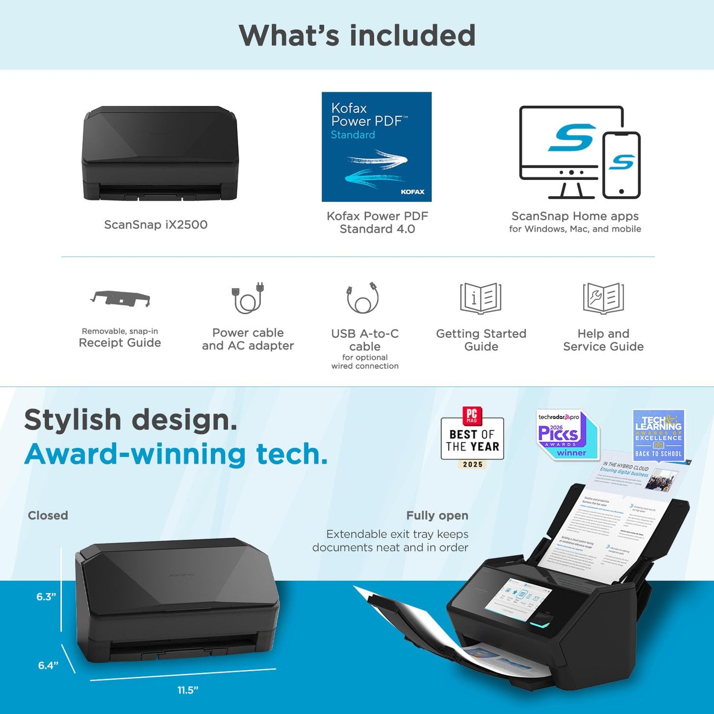 ScanSnap iX2500 Wireless or USB High-Speed Cloud Enabled Document, Photo & Receipt Scanner with Large 5" Touchscreen and 100 Page Auto Document Feeder for Mac or PC, Black