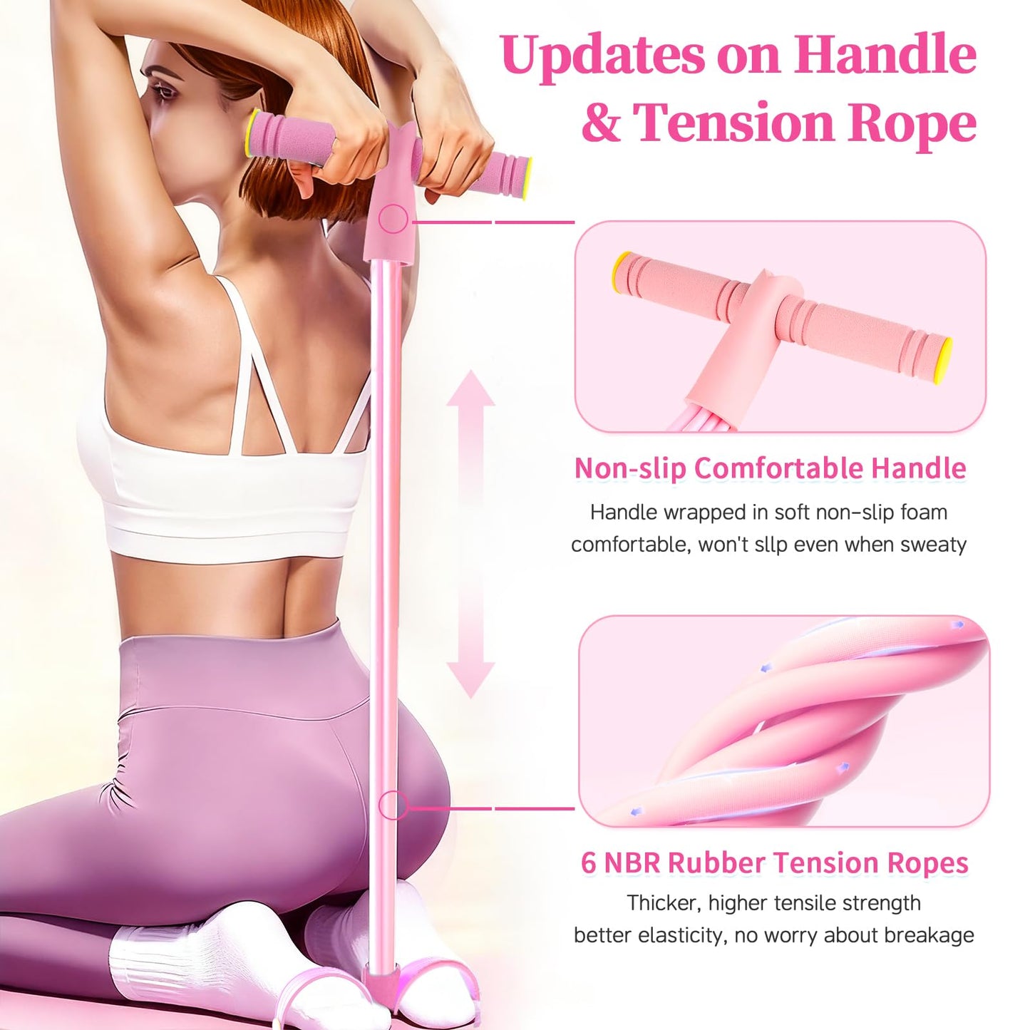 Pedal Resistance Bands with Handles, Upgrade 6-Tubes Manual Tension Training Pedal, Natural Rubber Foot Pedal Resistance Bands, Multifunction Fitness Bands for Abdomen, Waist, Arm, Leg (Pink)