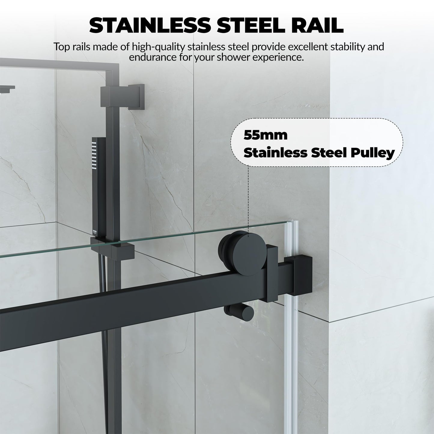 44-48" W x 76" H Frameless Sliding Shower Door, 1/4" (6mm) Tempered Glass with Explosion-Proof Film, Matte Black Stainless Steel Track & 55mm Rollers, Bypass Bathroom Door