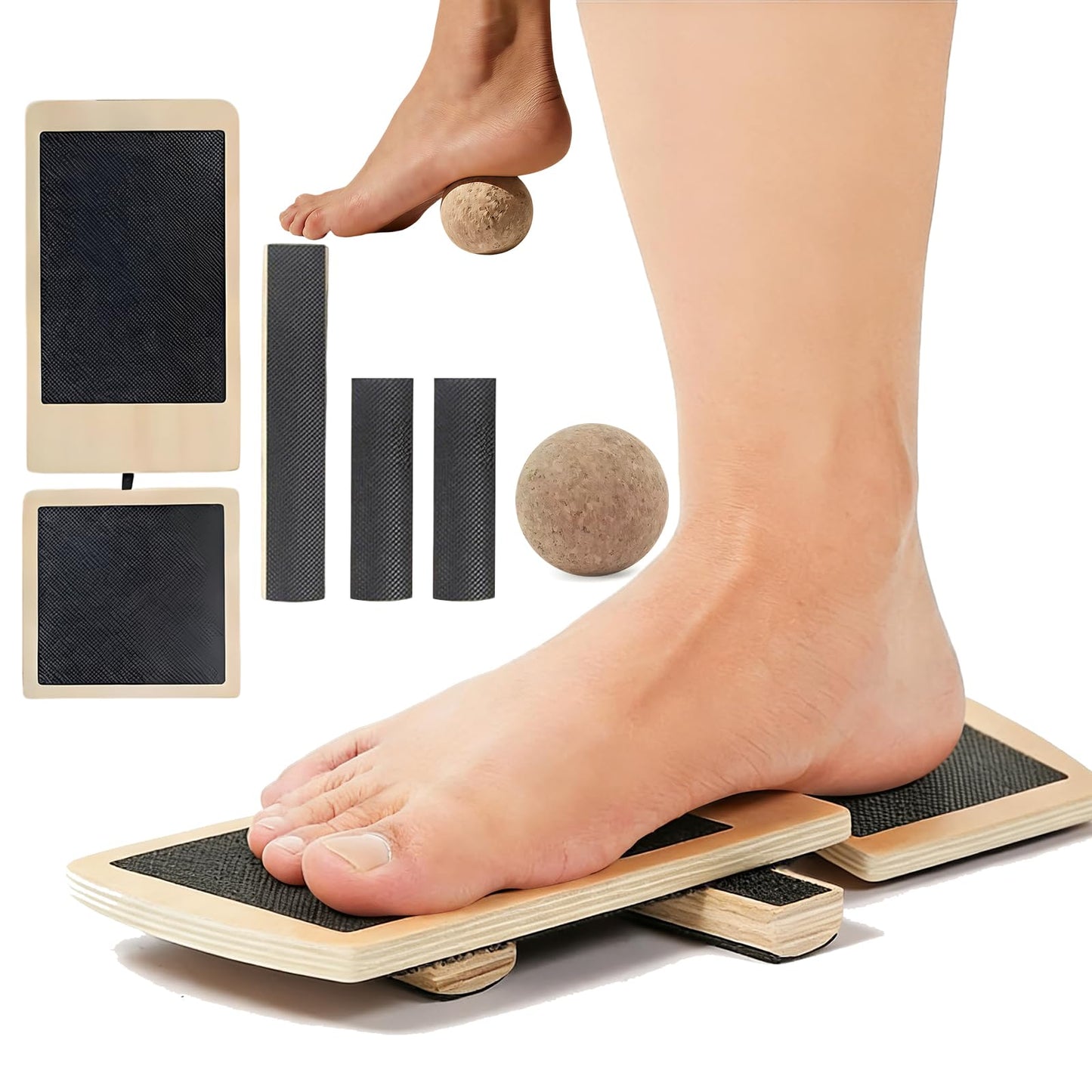 Ankle Balance Board & Foot Strengthener Kit with Massage Ball, Wood Wobble Board for Sprained Ankle Physical Therapy, Plantar Fasciitis Relief, Stability & Posture Training